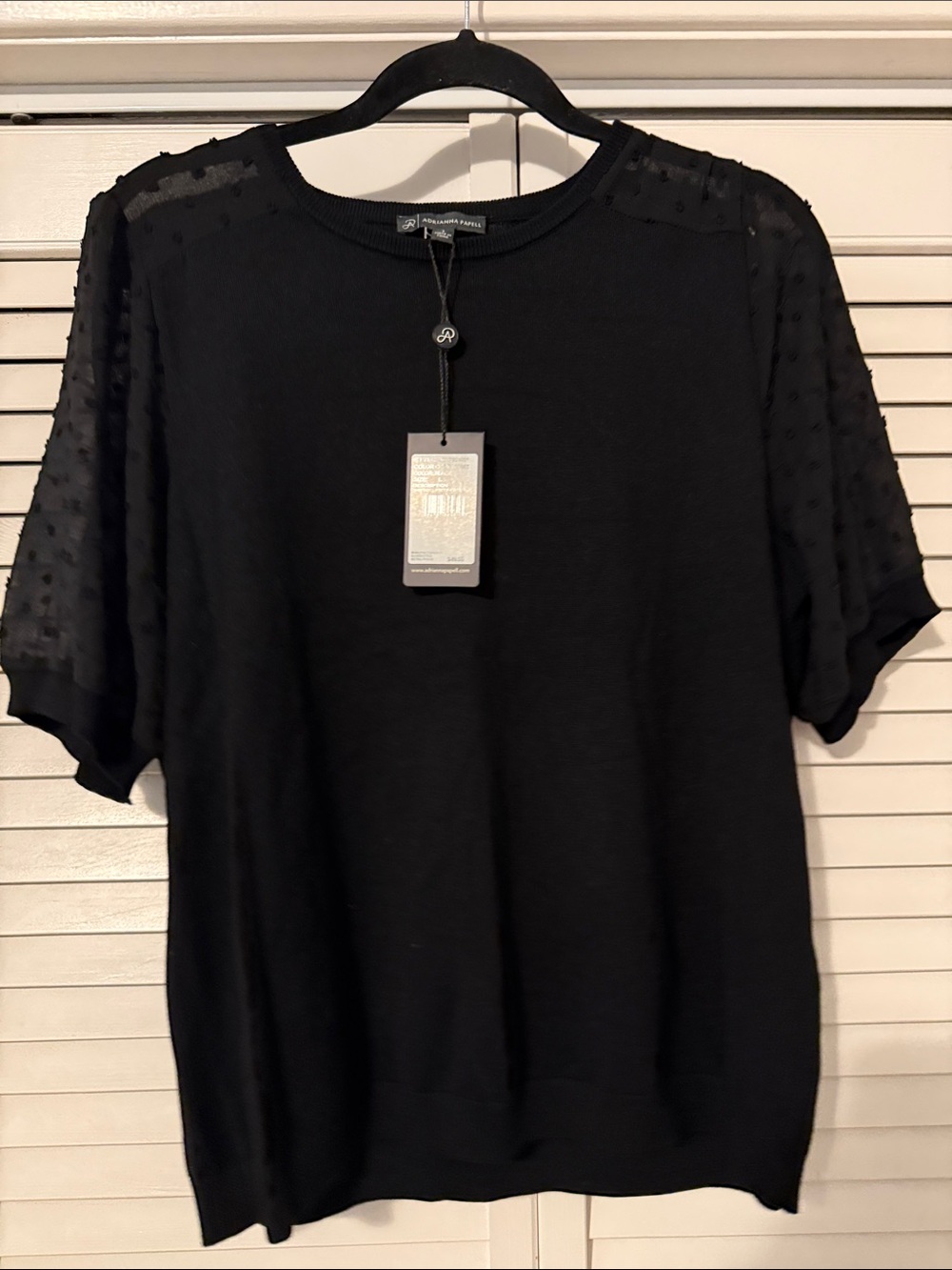 Adrianna Papell Black Short-Sleeve Top with Sheer Dot Sleeves